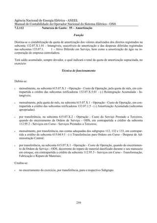 Agência Nacional de Energia Elétrica - ANEEL
Manual de Contabilidade do Operador Nacional do Sistema Elétrico - ONS
7.2.112            Natureza de Gasto: 55 – Amortização

                                               Função

Destina-se a contabilização da quota de amortização dos valores atualizados dos direitos registrados na
subconta 132.07.X.1.01 - Intangíveis, suscetíveis de amortização e das despesas diferidas registradas
nas subcontas 133.07.1.      1 - Ativo Diferido em Serviço, bem como a amortização do ágio na in-
corporação de empresa controladora.

Terá saldo acumulado, sempre devedor, o qual indicará o total da quota de amortização supracitada, no
exercício.

                                     Técnica de funcionamento


Debita-se:

•   mensalmente, na subconta 615.07.X.1 - Operação - Custo de Operação, pela quota do mês, em con-
    trapartida a crédito das subcontas retificadoras 132.07.X.5.01 - (-) Reintegração Acumulada - In-
    tangíveis;

•   mensalmente, pela quota do mês, na subconta 615.07.X.1 - Operação - Custo de Operação, em con-
    trapartida a crédito das subcontas retificadoras 133.07.1.5 - (-) Amortização Acumulada (subcontas
    apropriadas).

•   por transferência, na subconta 615.07.X.2 - Operação - Custo do Serviço Prestado a Terceiros,
    quando do encerramento da Ordem de Serviço - ODS, em contrapartida a crédito da subconta
    112.95.2 - Serviços em Curso - Serviços Prestados a Terceiros;

•   mensalmente, por transferência, nas contas adequadas dos subgrupos 112, 132 e 133, em contrapar-
    tida a crédito da subconta 615.04.9.1 - (-) Transferências para Ordens em Curso - Despesa de Ad-
    ministração Central;

•   por transferência, na subconta 615.07.X.1 - Operação - Custo de Operação, quando do encerramen-
    to da Ordem de Serviço - ODS, decorrente do reparo de material danificado durante o seu manuseio
    em estoque, em contrapartida a crédito da subconta 112.95.3 - Serviços em Curso - Transformação,
    Fabricação e Reparo de Materiais;

Credita-se:

•   no encerramento do exercício, por transferência, para o respectivo Subgrupo.




                                                 259
 