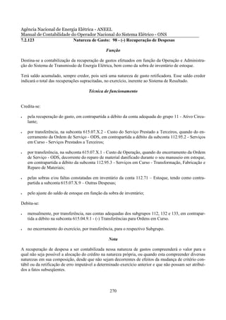 Agência Nacional de Energia Elétrica - ANEEL
Manual de Contabilidade do Operador Nacional do Sistema Elétrico - ONS
7.2.123                  Natureza de Gasto: 98 - (-) Recuperação de Despesas

                                               Função

Destina-se a contabilização da recuperação de gastos efetuados em função da Operação e Administra-
ção do Sistema de Transmissão de Energia Elétrica, bem como da sobra de inventário de estoque.

Terá saldo acumulado, sempre credor, pois será uma natureza de gasto retificadora. Esse saldo credor
indicará o total das recuperações supracitadas, no exercício, inerente ao Sistema de Resultado.

                                      Técnica de funcionamento


Credita-se:

•   pela recuperação do gasto, em contrapartida a débito da conta adequada do grupo 11 - Ativo Circu-
    lante;

•   por transferência, na subconta 615.07.X.2 - Custo do Serviço Prestado a Terceiros, quando do en-
    cerramento da Ordem de Serviço - ODS, em contrapartida a débito da subconta 112.95.2 - Serviços
    em Curso - Serviços Prestados a Terceiros;

•   por transferência, na subconta 615.07.X.1 - Custo de Operação, quando do encerramento da Ordem
    de Serviço - ODS, decorrente do reparo de material danificado durante o seu manuseio em estoque,
    em contrapartida a débito da subconta 112.95.3 - Serviços em Curso - Transformação, Fabricação e
    Reparo de Materiais;

•   pelas sobras e/ou faltas constatadas em inventário da conta 112.71 – Estoque, tendo como contra-
    partida a subconta 615.07.X.9 – Outras Despesas;

•   pelo ajuste do saldo de estoque em função da sobra de inventário;

Debita-se:

•   mensalmente, por transferência, nas contas adequadas dos subgrupos 112, 132 e 133, em contrapar-
    tida a débito na subconta 615.04.9.1 - (-) Transferências para Ordens em Curso.

•   no encerramento do exercício, por transferência, para o respectivo Subgrupo.

                                                 Nota

A recuperação de despesa a ser contabilizada nessa natureza de gastos compreenderá o valor para o
qual não seja possível a alocação do crédito na natureza própria, ou quando esta compreender diversas
naturezas em sua composição, desde que não sejam decorrentes de efeitos da mudança de critério con-
tábil ou da retificação de erro imputável a determinado exercício anterior e que não possam ser atribuí-
dos a fatos subseqüentes.



                                                  270
 