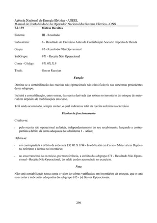 Agência Nacional de Energia Elétrica - ANEEL
Manual de Contabilidade do Operador Nacional do Sistema Elétrico - ONS
7.2.139            Outras Receitas

Sistema:              III - Resultado

Subsistema:           6 - Resultado do Exercício Antes da Contribuição Social e Imposto de Renda

Grupo:                67 - Resultado Não Operacional

SubGrupo:             671 - Receita Não Operacional

Conta - Código:       671.0X.X.9

Título:               Outras Receitas

                                                Função

Destina-se a contabilização das receitas não operacionais não classificáveis nas subcontas precedentes
deste subgrupo.

Incluirá a contabilização, entre outras, da receita derivada das sobras no inventário de estoque de mate-
rial em depósito de mobilizações em curso.

Terá saldo acumulado, sempre credor, o qual indicará o total da receita auferida no exercício.

                                        Técnica de funcionamento

Credita-se:

•   pelo receita não operacional auferida, independentemente do seu recebimento, lançando a contra-
    partida a débito da conta adequada do subsistema 1 - Ativo;

Debita-se:

•   em contrapartida a débito da subconta 132.07.X.9.94 - Imobilizado em Curso - Material em Depósi-
    to, referente a sobras no inventário;

•   no encerramento do exercício, por transferência, a crédito do subgrupo 671 - Resultado Não Opera-
    cional - Receita Não Operacional, do saldo credor acumulado no exercício.

                                                 Nota

Não será contabilizado nessa conta o valor de sobras verificadas em inventários de estoque, que o será
nas contas e subcontas adequadas do subgrupo 615 - (-) Gastos Operacionais.




                                                  290
 