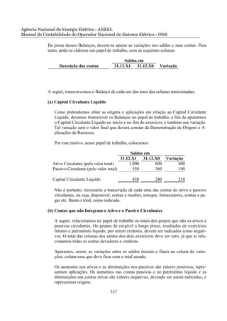 Agência Nacional de Energia Elétrica - ANEEL
Manual de Contabilidade do Operador Nacional do Sistema Elétrico - ONS

            De posse desses Balanços, devem-se apurar as variações nos saldos e suas contas. Para
            tanto, pode-se elaborar um papel de trabalho, com as seguintes colunas:

                                                      Saldos em
                  Descrição das contas           31.12.X1 31.12.X0         Variação




            A seguir, transcrevemos o Balanço de cada um dos anos das colunas mencionadas.

            (a) Capital Circulante Líquido

               Como pretendemos obter as origens e aplicações em relação ao Capital Circulante
               Líquido, devemos transcrever os Balanços no papel de trabalho, a fim de apurarmos
               o Capital Circulante Líquido no início e no fim do exercício, e também sua variação.
               Tal variação será o valor final que deverá constar da Demonstração de Origens e A-
               plicações de Recursos.

               Por esse motivo, nesse papel de trabalho, colocamos:

                                                          Saldos em
                                                     31.12.X1 31.12.X0 Variação
               Ativo Circulante (pelo valor total)       1.000      600      400
               Passivo Circulante (pelo valor total)       550      360      190

               Capital Circulante Líquido                  450          240           210

               Não é portanto, necessária a transcrição de cada uma das contas do ativo e passivo
               circulantes, ou seja, disponível, contas a receber, estoque, fornecedores, contas a pa-
               gar etc. Basta o total, como indicado.

            (b) Contas que não Integram o Ativo e o Passivo Circulantes

               A seguir, relacionamos no papel de trabalho os totais dos grupos que não os ativos e
               passivos circulantes. Os grupos de exigível a longo prazo, resultados de exercícios
               futuros e patrimônio líquido, por serem credores, devem ser indicados como negati-
               vos. O total das colunas dos saldos dos dois exercícios deve ser zero, já que aí rela-
               cionamos todas as contas devedoras e credoras.

               Apuramos, assim, as variações entre os saldos iniciais e finais na coluna de varia-
               ções, coluna essa que deve ficar com o total zerado.

               Os aumentos nos ativos e as diminuições nos passivos são valores positivos, repre-
               sentam aplicações. Os aumentos nas contas passivas e no patrimônio líquido e as
               diminuições nas contas ativas são valores negativos, devendo ser assim indicados, e
               representam origens.

                                               337
 