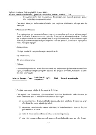 Agência Nacional de Energia Elétrica - ANEEL
Manual de Contabilidade do Operador Nacional do Sistema Elétrico - ONS
            •  Divulgar as razões para concretização dessas operações, medindo eventuais ganhos
               e/ou perdas decorrentes das mesmas;

         Caso essas operações tenham sido efetuadas com empresas relacionadas, divulgar essa in-
         formação.

      10.Arrendamento Mercantil

         O arrendamento é um instrumento financeiro e, por conseguinte, aplicam-se todos os requisi-
         tos de divulgação descritos em notas específica desse roteiro, ademais deverão ser divulga-
         dos os pagamentos efetuados no período; descrição geral de contratos de arrendamento signi-
         ficativos; e respectivas especificações: vigência, valor das parcelas, cláusulas de aquisição do
         bem e prestações a pagar.

      11.Compromissos

         Divulgar o valor de compromissos para a aquisição de:

         (a) imobilizado;

         (b) ativos intangíveis; e

      12.Diferido

         Os valores registrados no Ativo Diferido devem ser apresentados por natureza nos moldes a
         seguir, devendo ser sempre divulgados detalhes dos projetos relevantes, bem como os crité-
         rios para amortização:

                                Amortização
   Natureza do gasto Custo                  20X1           20X0      Taxa de amortização
                                Acumulada




      13.Provisão para Ajuste a Valor de Recuperação de Ativos

         Caso a perda com a redução de valor de um ativo individual, reconhecida ou revertida no pe-
         ríodo, for material para as demonstrações contábeis a divulgar:

            (a) os principais tipos de ativos afetados pelas perdas com a redução de valor (ou rever-
                sões de perdas com a redução de valor);

            (b) os eventos e as circunstâncias que levaram ao reconhecimento ou à reversão da perda
                para a redução de valor;

            (c) valor da perda reconhecida ou revertida no exercício/período;

            (d) se o valor recuperável corresponde ao preço de venda líquido ou ao seu valor de uso;

                                                 352
 
