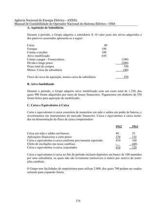 Agência Nacional de Energia Elétrica - ANEEL
Manual de Contabilidade do Operador Nacional do Sistema Elétrico - ONS
         A. Aquisição de Subsidiária

        Durante o período, o Grupo adquiriu a subsidiária X. O valor justo dos ativos adquiridos e
        dos passivos assumidos apresenta-se a seguir:

        Caixa                                                       40
        Estoque                                                    100
        Contas a receber                                           100
        Ativo imobilizado                                          650
        Contas a pagar - Fornecedores                                               (100)
        Dívida a longo prazo                                                        (200)
        Preço total de compra                                                         590
        Menos: Caixa da subsidiária                                                  (40)

        Fluxo de caixa da aquisição, menos caixa da subsidiária                      550

        B. Ativo Imobilizado

        Durante o período, o Grupo adquiriu ativo imobilizado com um custo total de 1.250, dos
        quais 900 foram adquiridos por meio de leases financeiros. Pagamentos em dinheiro de 350
        foram feitos para aquisição de imobilizado.

        C. Caixa e Equivalentes à Caixa

        Caixa e equivalentes à caixa consistem de numerário em mão e saldos em poder de bancos, e
        investimentos em instrumentos do mercado financeiro. Caixa e equivalentes à caixa incluí-
        dos na demonstração do fluxo de caixa compreendem:

                                                                              19x2          19x1

        Caixa em mão e saldos em bancos                                       40            25
        Aplicações financeiras a curto prazo                                  370           135
        Caixa e equivalentes à caixa conforme previamente reportado           410           160
        Efeito de oscilações nas taxas cambiais                               -             (40)
        Caixa e equivalentes à caixa, reajustados                             410           120

        Caixa e equivalentes à caixa no fim do período incluem depósitos em banco de 100 mantidos
        por uma subsidiária, os quais não são livremente remissíveis à matriz por motivo de restri-
        ções cambiais.

        O Grupo tem facilidades de empréstimos para utilizar 2.000, dos quais 700 podem ser usados
        somente para expansão futura.




                                               376
 