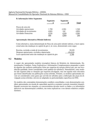 Agência Nacional de Energia Elétrica - ANEEL
Manual de Contabilidade do Operador Nacional do Sistema Elétrico - ONS

        D. Informações Sobre Segmentos
                                                 Segmento           Segmento
                                                      A                    B              Total

        Fluxos de caixa de:
        Atividades operacionais                      1.700           (140)               1.560
        Atividades de investimento                   (640)            160                (480)
        Atividades financeiras                       (570)            (220)              (790)
                                                     490              (200)                290

        Apresentação Alternativa (Método Indireto)

        Como alternativa, numa demonstração de fluxo de caixa pelo método indireto, o lucro opera-
        cional antes das mudanças no capital de giro é, às vezes, demonstrado como segue:

        Receitas, excluída a renda de investimentos                             30.650
        Despesas operacionais, excluída a depreciação                         (26.910)
        Lucro operacional antes das mudanças no capital de giro                  3.740

9.2   Modelos
      A seguir são apresentados modelos (exemplos) básicos de Relatório da Administração, De-
      monstrações Contábeis, Notas Explicativas e Informações Complementares preparados a partir
      de algumas das melhores publicações feitas por empresas de energia elétrica que, por sua reco-
      nhecida qualidade, foram consideradas como padrões de referência. Naturalmente, estes mode-
      los não esgotam todas as situações que requerem divulgação, mas sim aquelas mais relevantes
      que foram identificadas nas publicações acima referidas. Portanto, os modelos apresentados de-
      vem ser considerados como guias que servirão de subsídios para a elaboração das peças de di-
      vulgação acima referidas e devem ser adaptados às particularidades específicas do ONS.

      Os modelos não contemplam demonstrações contábeis consolidadas e nem demonstrações con-
      tábeis apresentadas em moeda de capacidade aquisitiva constante (correção monetária integral).
      Quando ocorrerem tais situações, as concessionárias deverão inserir os dados e as informações
      aplicáveis nas demonstrações contábeis, nas notas explicativas e nos demais relatórios comple-
      mentares.




                                               377
 