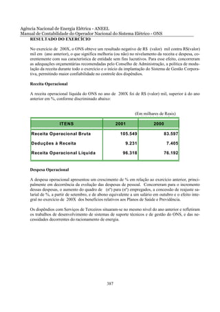 Agência Nacional de Energia Elétrica - ANEEL
Manual de Contabilidade do Operador Nacional do Sistema Elétrico - ONS
    RESULTADO DO EXERCÍCIO

    No exercício de 200X, o ONS obteve um resultado negativo de R$ (valor) mil contra R$(valor)
    mil em (ano anterior), o que significa melhoria (ou não) no nivelamento da receita e despesa, co-
    erentemente com sua característica de entidade sem fins lucrativos. Para esse efeito, concorreram
    as adequações orçamentárias recomendadas pelo Conselho de Administração, a política de modu-
    lação da receita durante todo o exercício e o início da implantação do Sistema de Gestão Corpora-
    tiva, permitindo maior confiabilidade no controle dos dispêndios.

    Receita Operacional

    A receita operacional líquida do ONS no ano de 200X foi de R$ (valor) mil, superior à do ano
    anterior em %, conforme discriminado abaixo:


                                                                (Em milhares de R$ Mil
                                                                 Valores em Reais)

                     ITENS                            2001                 2000

     Receita Operacional Bruta                          105.549                   83.597

     Deduções à Receita                                    9.231                   7.405

     Receita Operacional Líquida                         96.318                   76.192


    Despesa Operacional

    A despesa operacional apresentou um crescimento de % em relação ao exercício anterior, princi-
    palmente em decorrência da evolução das despesas de pessoal. Concorreram para o incremento
    dessas despesas, o aumento do quadro de (nº) para (nº) empregados, a concessão de reajuste sa-
    larial de %, a partir de setembro, e de abono equivalente a um salário em outubro e o efeito inte-
    gral no exercício de 200X dos benefícios relativos aos Planos de Saúde e Previdência.

    Os dispêndios com Serviços de Terceiros situaram-se no mesmo nível do ano anterior e refletiram
    os trabalhos de desenvolvimento de sistemas de suporte técnicos e de gestão do ONS, e das ne-
    cessidades decorrentes do racionamento de energia.




                                                387
 