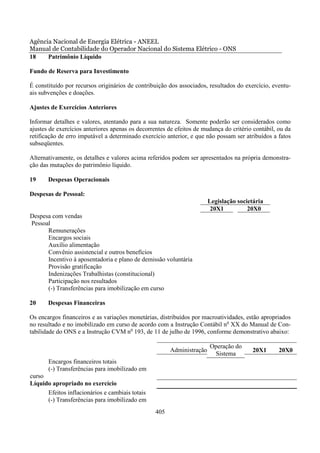 Agência Nacional de Energia Elétrica - ANEEL
Manual de Contabilidade do Operador Nacional do Sistema Elétrico - ONS
18    Patrimônio Líquido

Fundo de Reserva para Investimento

É constituído por recursos originários de contribuição dos associados, resultados do exercício, eventu-
ais subvenções e doações.

Ajustes de Exercícios Anteriores

Informar detalhes e valores, atentando para a sua natureza. Somente poderão ser considerados como
ajustes de exercícios anteriores apenas os decorrentes de efeitos de mudança do critério contábil, ou da
retificação de erro imputável a determinado exercício anterior, e que não possam ser atribuídos a fatos
subseqüentes.

Alternativamente, os detalhes e valores acima referidos podem ser apresentados na própria demonstra-
ção das mutações do patrimônio líquido.

19     Despesas Operacionais

Despesas de Pessoal:
                                                                        Legislação societária
                                                                         20X1          20X0
Despesa com vendas
Pessoal
      Remunerações
      Encargos sociais
      Auxílio alimentação
      Convênio assistencial e outros benefícios
      Incentivo à aposentadoria e plano de demissão voluntária
      Provisão gratificação
      Indenizações Trabalhistas (constitucional)
      Participação nos resultados
      (-) Transferências para imobilização em curso

20     Despesas Financeiras

Os encargos financeiros e as variações monetárias, distribuídos por macroatividades, estão apropriados
no resultado e no imobilizado em curso de acordo com a Instrução Contábil no XX do Manual de Con-
tabilidade do ONS e a Instrução CVM no 193, de 11 de julho de 1996, conforme demonstrativo abaixo:

                                                                        Operação do
                                                        Administração                    20X1      20X0
                                                                         Sistema
       Encargos financeiros totais
       (-) Transferências para imobilizado em
curso
Líquido apropriado no exercício
      Efeitos inflacionários e cambiais totais
      (-) Transferências para imobilizado em
                                                  405
 