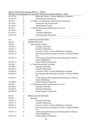 Agência Nacional de Energia Elétrica - ANEEL
Manual de Contabilidade do Operador Nacional do Sistema Elétrico - ONS
631.07.4.4       3o              Renda dos Títulos e Valores Mobiliários Alienados
631.07.4.9       3o              Outras Receitas Financeiras
                   o
631.07.6         2       (-) Tributos e Contribuições sobre Receitas Financeiras
                   o
631.07.6.1       3               Financeiras e de Investimentos
631.07.6.4       3º              Administração Central
631.07.9         2º       (-) Transferências para Imobilizações em Curso
631.07.9.1       3º               Rendas
631.07.9.3       3º               Variações Monetárias
                   o
631.07.9.9       3                Outras Receitas Financeiras

635                     (-) DESPESA FINANCEIRA
                   o
635.04            1     ADMINISTRAÇÃO
635.04.1          2o        Administração Central
635.04.1.1        3o                Encargos de Dívidas
635.04.1.3        3o                Variações Monetárias
635.04.1.4        3o                Custo dos Títulos e Valores Mobiliários Alienados
635.04.1.6        3o                Provisão para Desvalorização de Títulos e Valores Mobiliá-
                                    rios
635.04.1.7        3o                (-) Reversão da Provisão para Desvalorização de Títulos e
                                    Valores Mobiliários
635.04.1.9        3o                Outras Despesas Financeiras
635.04.8          2o        (-) Transferências para Atividades
635.04.8.1        3o                Encargos de Dívidas
635.04.8.3        3o                Variações Monetárias
635.04.8.4        3o                Custo dos Títulos e Valores Mobiliários Alienados
635.04.8.6        3o                Provisão para Desvalorização de Títulos e Valores Mobiliá-
                                    rios
635.04.8.7        3o                (+) Reversão da Provisão para Desvalorização de Títulos e
                                    Valores Mobiliários
635.04.8.9        3o                Outras Despesas Financeiras
635.04.9          2o        (-) Transferências para Imobilizações em Curso
635.04.9.1        3o                Encargos de Dívidas
635.04.9.3        3o                Variações Monetárias
635.04.9.9        3o                Outras Despesas Financeiras

635.07            1o    OPERAÇÃO DO SISTEMA
635.07.1          2o      Operação
635.07.1.1        3o            Encargos de Dívidas
635.07.1.3        3o            Variações Monetárias
635.07.1.4        3o            Custo dos Títulos e Valores Mobiliários Alienados
635.07.1.6        3o            Provisão para Desvalorização de Títulos e Valores Mobiliá-
                                rios
635.07.1.7        3o            (-) Reversão da Provisão para Desvalorização de Títulos e
                                Valores Mobiliários
635.07.1.9        3o            Outras Despesas Financeiras
                                               60
 