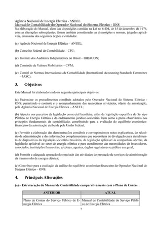 Agência Nacional de Energia Elétrica - ANEEL
Manual de Contabilidade do Operador Nacional do Sistema Elétrico - ONS
Na elaboração do Manual, além das disposições contidas na Lei no 6.404, de 15 de dezembro de 1976,
com as alterações subseqüentes, foram também consideradas as disposições e normas, julgadas aplicá-
veis, emanadas dos seguintes órgãos e entidades:

(a) Agência Nacional de Energia Elétrica – ANEEL;

(b) Conselho Federal de Contabilidade – CFC;

(c) Instituto dos Auditores Independentes do Brasil – IBRACON;

(d) Comissão de Valores Mobiliários – CVM;

(e) Comitê de Normas Internacionais de Contabilidade (International Accounting Standards Committee
    – IASC).

3.     Objetivos
Este Manual foi elaborado tendo os seguintes principais objetivos:

(a) Padronizar os procedimentos contábeis adotados pelo Operador Nacional do Sistema Elétrico -
ONS, permitindo o controle e o acompanhamento das respectivas atividades, objeto da autorização,
pela Agência Nacional de Energia Elétrica – ANEEL;

(b) Atender aos preceitos da legislação comercial brasileira, além da legislação específica do Serviço
Público de Energia Elétrica e do ordenamento jurídico-societário, bem como a plena observância dos
princípios fundamentais de contabilidade, contribuindo para a avaliação do equilíbrio econômico-
financeiro da autorização atribuída pela União Federal;

(c) Permitir a elaboração das demonstrações contábeis e correspondentes notas explicativas, do relató-
rio da administração e das informações complementares que necessitem de divulgação para atendimen-
to de dispositivos da legislação societária brasileira, da legislação aplicável às companhias abertas, da
legislação aplicável ao setor de energia elétrica e para atendimento das necessidades de investidores,
associados, instituições financeiras, credores, agentes, órgãos reguladores e público em geral;

(d) Permitir a adequada apuração do resultado das atividades de prestação de serviços de administração
da transmissão de energia elétrica;

(e) Contribuir para a avaliação da análise do equilíbrio econômico-financeiro do Operador Nacional do
Sistema Elétrico – ONS.

4.     Principais Alterações
(a) – Estruturação do Manual de Contabilidade comparativamente com o Plano de Contas:

                      ANTERIOR                                         ATUAL

      Plano de Contas do Serviço Público de E- Manual de Contabilidade do Serviço Públi-
      nergia Elétrica                          co de Energia Elétrica
                                                   7
 