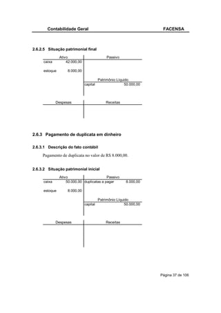 Contabilidade Geral                                           FACENSA



2.6.2.5 Situação patrimonial final
               Ativo                          Passivo
     caixa         42.000,00

     estoque       8.000,00

                                         Patrimônio Líquido
                               capital                   50.000,00



             Despesas                        Receitas




2.6.3 Pagamento de duplicata em dinheiro

2.6.3.1 Descrição do fato contábil

     Pagamento de duplicata no valor de R$ 8.000,00.


2.6.3.2 Situação patrimonial inicial
               Ativo                       Passivo
     caixa         50.000,00 duplicatas a pagar          8.000,00

     estoque       8.000,00

                                         Patrimônio Líquido
                               capital                   50.000,00



             Despesas                        Receitas




                                                                     Página 37 de 106
 