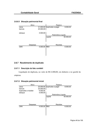 Contabilidade Geral                                                    FACENSA



2.6.6.5 Situação patrimonial final
                    Ativo                            Passivo
     caixa                   31.000,00 duplicatas a pagar          8.000,00
     bancos                  25.000,00

     estoque                  4.000,00
                                                   Patrimônio Líquido
                                         capital                   50.000,00



                  Despesas                             Receitas
     CMV                      4.000,00 RBV                         6.000,00




2.6.7 Recebimento de duplicata

2.6.7.1 Descrição do fato contábil

     Liquidação de duplicata, no valor de R$ 6.000,00, em dinheiro e no guichê da
empresa.


2.6.7.2 Situação patrimonial inicial
                     Ativo                           Passivo
     caixa                   25.000,00 duplicatas a pagar       8.000,00
     bancos                  25.000,00
     duplicatas a receber     6.000,00
     estoque                  4.000,00
                                               Patrimônio Líquido
                                       capital                 50.000,00



                  Despesas                             Receitas
     CMV                      4.000,00 RBV                         6.000,00




                                                                           Página 46 de 106
 
