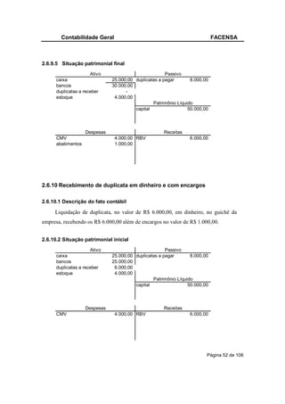 Contabilidade Geral                                                  FACENSA



2.6.9.5 Situação patrimonial final
                      Ativo                            Passivo
      caixa                    25.000,00 duplicatas a pagar       8.000,00
      bancos                   30.000,00
      duplicatas a receber           -
      estoque                   4.000,00
                                                 Patrimônio Líquido
                                         capital                 50.000,00



                    Despesas                          Receitas
      CMV                       4.000,00 RBV                     6.000,00
      abatimentos               1.000,00




2.6.10 Recebimento de duplicata em dinheiro e com encargos

2.6.10.1 Descrição do fato contábil

     Liquidação de duplicata, no valor de R$ 6.000,00, em dinheiro, no guichê da
empresa, recebendo os R$ 6.000,00 além de encargos no valor de R$ 1.000,00.


2.6.10.2 Situação patrimonial inicial
                      Ativo                            Passivo
      caixa                    25.000,00 duplicatas a pagar       8.000,00
      bancos                   25.000,00
      duplicatas a receber      6.000,00
      estoque                   4.000,00
                                                 Patrimônio Líquido
                                         capital                 50.000,00



                    Despesas                          Receitas
      CMV                       4.000,00 RBV                     6.000,00




                                                                         Página 52 de 106
 