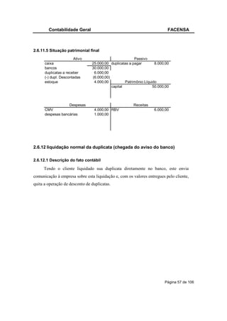 Contabilidade Geral                                                FACENSA



2.6.11.5 Situação patrimonial final
                       Ativo                            Passivo
      caixa                     25.000,00 duplicatas a pagar        8.000,00
      bancos                    30.000,00
      duplicatas a receber       6.000,00
      (-) dupl. Descontadas     (6.000,00)
      estoque                    4.000,00          Patrimônio Líquido
                                           capital                 50.000,00



                   Despesas                            Receitas
      CMV                        4.000,00 RBV                      6.000,00
      despesas bancárias         1.000,00




2.6.12 liquidação normal da duplicata (chegada do aviso do banco)

2.6.12.1 Descrição do fato contábil

     Tendo o cliente liquidado sua duplicata diretamente no banco, este envia
comunicação à empresa sobre esta liquidação e, com os valores entregues pelo cliente,
quita a operação de desconto de duplicatas.




                                                                         Página 57 de 106
 