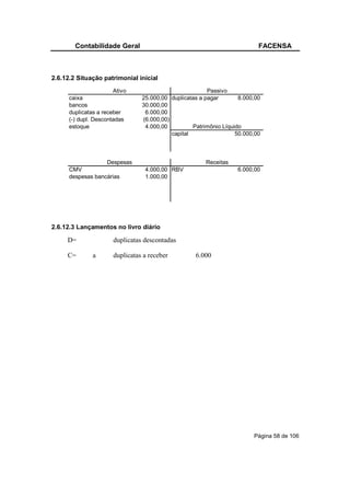 Contabilidade Geral                                                 FACENSA



2.6.12.2 Situação patrimonial inicial
                       Ativo                             Passivo
      caixa                      25.000,00 duplicatas a pagar        8.000,00
      bancos                     30.000,00
      duplicatas a receber        6.000,00
      (-) dupl. Descontadas      (6.000,00)
      estoque                     4.000,00          Patrimônio Líquido
                                            capital                 50.000,00



                   Despesas                             Receitas
      CMV                         4.000,00 RBV                      6.000,00
      despesas bancárias          1.000,00




2.6.12.3 Lançamentos no livro diário

     D=                duplicatas descontadas

     C=        a       duplicatas a receber          6.000




                                                                          Página 58 de 106
 