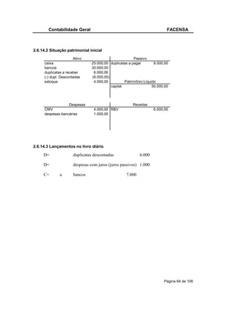 Contabilidade Geral                                                 FACENSA



2.6.14.2 Situação patrimonial inicial
                       Ativo                             Passivo
      caixa                      25.000,00 duplicatas a pagar        8.000,00
      bancos                     30.000,00
      duplicatas a receber        6.000,00
      (-) dupl. Descontadas      (6.000,00)
      estoque                     4.000,00          Patrimônio Líquido
                                            capital                 50.000,00



                   Despesas                             Receitas
      CMV                         4.000,00 RBV                       6.000,00
      despesas bancárias          1.000,00




2.6.14.3 Lançamentos no livro diário

     D=                duplicatas descontadas                6.000

     D=                despesas com juros (juros passivos) 1.000

     C=        a       bancos                        7.000




                                                                          Página 64 de 106
 