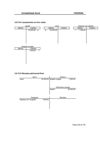 Contabilidade Geral                                                      FACENSA



2.6.15.4 Lançamentos no livro razão
              capital                                caixa                               despesa com alguéis
   débitos           créditos                débitos            créditos                débitos        créditos
                  50.000,00 si          si     50.000,00                              1   1.000,00




        aluguéis a pagar
   débitos           créditos
                   1.000,00     1




2.6.15.5 Situação patrimonial final
                        Ativo                              Passivo
      caixa                         50.000,00 alugéis a pagar              1.000,00



                                                          Patrimônio Líquido
                                                capital                   50.000,00



                    Despesas                                  Receitas
      despesa com aluguéis           1.000,00




                                                                               Página 68 de 106
 