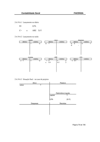 Contabilidade Geral                                                                            FACENSA



2.6.19.6.1 Lançamento no diário

      D=                    LPA

      C=         a          ARE            X-Y


2.6.19.6.2 Lançamento no razão
                     capital                                       caixa                                          despesas
           débitos              créditos                 débitos           créditos                     débitos              créditos
                        ?                  si       si   ?                                        si     X              X               1
                                                                                                  sf              -




                     receitas                                      ARE                                                LPA
          débitos               créditos                débitos            créditos                  débitos                 créditos
        2 Y             Y                  si         1 X              Y              2            3 X-Y
                                                    s   X-Y            X-Y            3




2.6.19.6.3 Situação final – no caso de prejuízo

                               Ativo                                         Passivo
      caixa                                     ?



                                                                     Patrimônio Líquido
                                                           capital                 ?

                                                           LPA                            (X-Y)

                         Despesas                                            Receitas




                                                                                                       Página 79 de 106
 