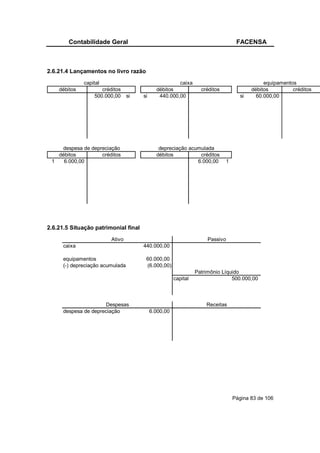 Contabilidade Geral                                                        FACENSA



2.6.21.4 Lançamentos no livro razão
              capital                                  caixa                                   equipamentos
    débitos          créditos                 débitos              créditos               débitos         créditos
                  500.000,00      si   si      440.000,00                            si     60.000,00




    despesa de depreciação                     depreciação acumulada
   débitos         créditos                   débitos          créditos
 1   6.000,00                                                 6.000,00        1




2.6.21.5 Situação patrimonial final
                         Ativo                                        Passivo
      caixa                            440.000,00

      equipamentos                      60.000,00
      (-) depreciação acumulada         (6.000,00)
                                                                 Patrimônio Líquido
                                                       capital                  500.000,00



                      Despesas                                       Receitas
      despesa de depreciação                6.000,00




                                                                                  Página 83 de 106
 