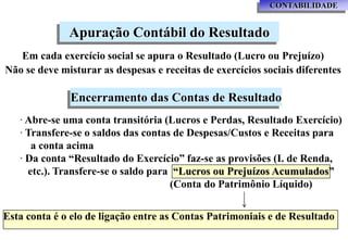 CONTABILIDADE


              Apuração Contábil do Resultado
   Em cada exercício social se apura o Resultado (Lucro ou Prejuízo)
Não se deve misturar as despesas e receitas de exercícios sociais diferentes

              Encerramento das Contas de Resultado
   · Abre-se uma conta transitória (Lucros e Perdas, Resultado Exercício)
   · Transfere-se o saldos das contas de Despesas/Custos e Receitas para
      a conta acima
   · Da conta “Resultado do Exercício” faz-se as provisões (I. de Renda,
     etc.). Transfere-se o saldo para “Lucros ou Prejuízos Acumulados”
                                     (Conta do Patrimônio Líquido)


Esta conta é o elo de ligação entre as Contas Patrimoniais e de Resultado
 