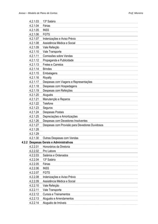 Anexo – Modelo de Plano de Contas                                 Prof. Moreira 


        4.2.1.03 13º Salário
        4.2.1.04 Férias
        4.2.1.05 INSS
        4.2.1.06 FGTS
        4.2.1.07 Indenizações e Aviso Prévio
        4.2.1.08 Assistência Médica e Social
        4.2.1.09 Vale Refeição
        4.2.1.10 Vale Transporte
        4.2.1.11 Comissões sobre Vendas
        4.2.1.12 Propaganda e Publicidade
        4.2.1.13 Fretes e Carretos
        4.2.1.14 Brindes
        4.2.1.15 Embalagens
        4.2.1.16 Royalty
        4.2.1.17 Despesas com Viagens e Representações
        4.2.1.18 Despesas com Hospedagens
        4.2.1.19 Despesas com Refeições
        4.2.1.20 Aluguéis
        4.2.1.21 Manutenção e Reparos
        4.2.1.22 Telefone
        4.2.1.23 Seguros
        4.2.1.24 Despesas Postais
        4.2.1.25 Depreciações e Amortizações
        4.2.1.26 Despesas com Devedores Insolventes
        4.2.1.27 Despesas com Provisão para Devedores Duvidosos
        4.2.1.28
        4.2.1.29
        4.2.1.30 Outras Despesas com Vendas
  4.2.2 Despesas Gerais e Administrativas
        4.2.2.01 Honorários da Diretoria
        4.2.2.02 Pro Labore
        4.2.2.03 Salários e Ordenados
        4.2.2.04 13º Salário
        4.2.2.05 Férias
        4.2.2.06 INSS
        4.2.2.07 FGTS
        4.2.2.08 Indenizações e Aviso Prévio
        4.2.2.09 Assistência Médica e Social
        4.2.2.10 Vale Refeição
        4.2.2.11 Vale Transporte
        4.2.2.12 Cursos e Treinamentos
        4.2.2.13 Aluguéis e Arrendamentos
        4.2.2.14 Aluguéis de Imóveis
 
