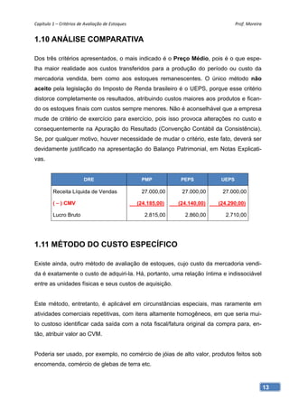 Capítulo 1 – Critérios de Avaliação de Estoques                                        Prof. Moreira 


1.10 ANÁLISE COMPARATIVA

Dos três critérios apresentados, o mais indicado é o Preço Médio, pois é o que espe-
lha maior realidade aos custos transferidos para a produção do período ou custo da
mercadoria vendida, bem como aos estoques remanescentes. O único método não
aceito pela legislação do Imposto de Renda brasileiro é o UEPS, porque esse critério
distorce completamente os resultados, atribuindo custos maiores aos produtos e fican-
do os estoques finais com custos sempre menores. Não é aconselhável que a empresa
mude de critério de exercício para exercício, pois isso provoca alterações no custo e
consequentemente na Apuração do Resultado (Convenção Contábil da Consistência).
Se, por qualquer motivo, houver necessidade de mudar o critério, este fato, deverá ser
devidamente justificado na apresentação do Balanço Patrimonial, em Notas Explicati-
vas.


                         DRE                        PMP           PEPS          UEPS

         Receita Líquida de Vendas                  27.000,00     27.000,00     27.000,00

         ( – ) CMV                                 (24.185,00)   (24.140,00)   (24.290,00)

         Lucro Bruto                                  2.815,00     2.860,00       2.710,00




1.11 MÉTODO DO CUSTO ESPECÍFICO

Existe ainda, outro método de avaliação de estoques, cujo custo da mercadoria vendi-
da é exatamente o custo de adquiri-la. Há, portanto, uma relação íntima e indissociável
entre as unidades físicas e seus custos de aquisição.


Este método, entretanto, é aplicável em circunstâncias especiais, mas raramente em
atividades comerciais repetitivas, com itens altamente homogêneos, em que seria mui-
to custoso identificar cada saída com a nota fiscal/fatura original da compra para, en-
tão, atribuir valor ao CVM.


Poderia ser usado, por exemplo, no comércio de jóias de alto valor, produtos feitos sob
encomenda, comércio de glebas de terra etc.



                                                                                                    13
 