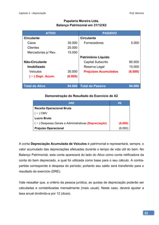 Capítulo 2 – Depreciação                                                           Prof. Moreira 


                                    Papelaria Moreira Ltda.
                                Balanço Patrimonial em 31/12/X2

                        ATIVO                                  PASSIVO
    Circulante                                Circulante
      Caixa                           30.000    Fornecedores                        5.000
      Clientes                        25.000
      Mercadorias p/ Rev.             15.000
                                              Patrimônio Líquido
    Não-Circulante                              Capital Subscrito                  80.000
      Imobilizado                               Reserva Legal                      15.000
       Veículos                       30.000    Prejuízos Acumulados               (6.000)
       ( − ) Depr. Acum.              (6.000)


    Total do Ativo                    94.000 Total do Passivo                      94.000


                       Demonstração do Resultado do Exercício de X2

                                       DRE                               R$
              Receita Operacional Bruta
              ( − ) CMV
              Lucro Bruto
              ( − ) Despesas Gerais e Administrativas (Depreciação)      (6.000)
              Prejuízo Operacional                                       (6.000)




A conta Depreciação Acumulada de Veículos é patrimonial e representará, sempre, o
valor acumulado das depreciações efetuadas durante o tempo de vida útil do bem. No
Balanço Patrimonial, esta conta aparecerá do lado do Ativo como conta retificadora da
conta do bem depreciado, a qual foi utilizada como base para o seu cálculo. A contra-
partida corresponde à despesa do período; portanto seu saldo será transferido para o
resultado do exercício (DRE).


Vale ressaltar que, a critério da pessoa jurídica, as quotas de depreciação poderão ser
calculadas e contabilizadas mensalmente (mais usual). Neste caso, deverá ajustar a
taxa anual dividindo-a por 12 (doze).




                                                                                                22
 