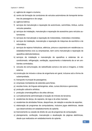 Capítulo 9 – SIMPLES                                                            Prof. Moreira 

    c) agência de viagem e turismo;
    d) centro de formação de condutores de veículos automotores de transporte terres-
        tres de passageiros e de carga;
    e) agência lotérica;
    f) serviços de manutenção e reparação de automóveis, caminhões, ônibus, outros
        veículos pesados;
    g) serviços de instalação, manutenção e reparação de acessórios para veículos au-
        tomotores;
    h) serviços de manutenção e reparação de motocicletas, motonetas e bicicletas;
    i) serviços de instalação, manutenção e reparação de máquinas de escritório e de
        informática;
    j) serviços de reparos hidráulicos, elétricos, pintura e carpintaria em residências ou
        estabelecimentos civis ou empresariais, bem como manutenção e reparação de
        aparelhos eletrodomésticos;
    k) serviços de instalação e manutenção de aparelhos e sistemas de ar-
        condicionado, refrigeração, ventilação, aquecimento e tratamento de ar em am-
        bientes controlados;
    l) veículos de comunicação, de radiodifusão sonora e de sons e imagens, e mídia
        externa;
    m) construção de imóveis e obras de engenharia em geral, inclusive sob a forma de
        subempreitada;
    n) transporte municipal de passageiros;
    o) empresas montadores de estandes para feiras;
    p) escolas livres, de línguas estrangeiras, artes, cursos técnicos e gerenciais;
    q) produção cultural e artística;
    r) produção cinematográfica e de artes cênicas;
    s) cumulativamente administração e locação de imóveis de terceiros;
    t) academias de dança, de capoeira, de ioga e de artes marciais;
    u) academias de atividades físicas, desportivas, de natação e escolas de esportes;
    v) elaboração de programas de computadores, inclusive jogos eletrônicos, desde
        que desenvolvidos em estabelecimento do optante;
    w) licenciamento ou cessão de direito de uso de programas de computação;
    x) planejamento, confecção, manutenção e atualização de páginas eletrônicas,
        desde que realizados em estabelecimento do optante;
                                                                                             70
 