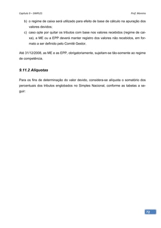 Capítulo 9 – SIMPLES                                                        Prof. Moreira 

    b) o regime de caixa será utilizado para efeito de base de cálculo na apuração dos
        valores devidos;
    c) caso opte por quitar os tributos com base nos valores recebidos (regime de cai-
        xa), a ME ou a EPP deverá manter registro dos valores não recebidos, em for-
        mato a ser definido pelo Comitê Gestor.

Até 31/12/2008, as ME e as EPP, obrigatoriamente, sujeitam-se tão-somente ao regime
de competência.


9.11.2 Alíquotas

Para os fins de determinação do valor devido, considera-se alíquota o somatório dos
percentuais dos tributos englobados no Simples Nacional, conforme as tabelas a se-
guir:




                                                                                         72
 