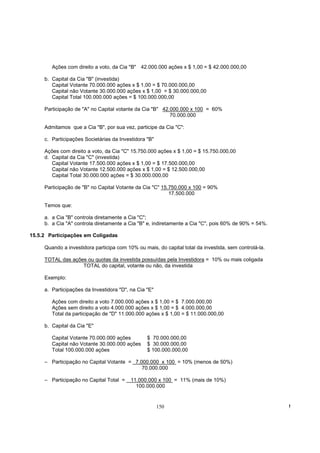 Ações com direito a voto, da Cia "B" 42.000.000 ações x $ 1,00 = $ 42.000.000,00

     b. Capital da Cia "B" (investida)
        Capital Votante 70.000.000 ações x $ 1,00 = $ 70.000.000,00
        Capital não Votante 30.000.000 ações x $ 1,00 = $ 30.000.000,00
        Capital Total 100.000.000 ações = $ 100.000.000,00

     Participação de "A" no Capital votante da Cia "B" 42.000.000 x 100 = 60%
                                                          70.000.000

     Admitamos que a Cia "B", por sua vez, participe da Cia "C":

     c. Participações Societárias da Investidora "B"

     Ações com direito a voto, da Cia "C" 15.750.000 ações x $ 1,00 = $ 15.750.000,00
     d. Capital da Cia "C" (investida)
        Capital Votante 17.500.000 ações x $ 1,00 = $ 17.500.000,00
        Capital não Votante 12.500.000 ações x $ 1,00 = $ 12.500.000,00
        Capital Total 30.000.000 ações = $ 30.000.000,00

     Participação de "B" no Capital Votante da Cia "C" 15.750.000 x 100 = 90%
                                                          17.500.000

     Temos que:

     a. a Cia "B" controla diretamente a Cia "C";
     b. a Cia "A" controla diretamente a Cia "B" e, indiretamente a Cia "C", pois 60% de 90% = 54%.

15.5.2 Participações em Coligadas

     Quando a investidora participa com 10% ou mais, do capital total da investida, sem controlá-la.

     TOTAL das ações ou quotas da investida possuídas pela Investidora = 10% ou mais coligada
                   TOTAL do capital, votante ou não, da investida

     Exemplo:

     a. Participações da Investidora "D", na Cia "E"

        Ações com direito a voto 7.000.000 ações x $ 1,00 = $ 7.000.000,00
        Ações sem direito a voto 4.000.000 ações x $ 1,00 = $ 4.000.000,00
        Total da participação de "D" 11.000.000 ações x $ 1,00 = $ 11.000.000,00

     b. Capital da Cia "E"

        Capital Votante 70.000.000 ações         $ 70.000.000,00
        Capital não Votante 30.000.000 ações     $ 30.000.000,00
        Total 100.000.000 ações                  $ 100.000.000,00

     – Participação no Capital Votante = 7.000.000 x 100 = 10% (menos de 50%)
                                            70.000.000

     – Participação no Capital Total =    11.000.000 x 100 = 11% (mais de 10%)
                                            100.000.000


                                                       150                                             !
 