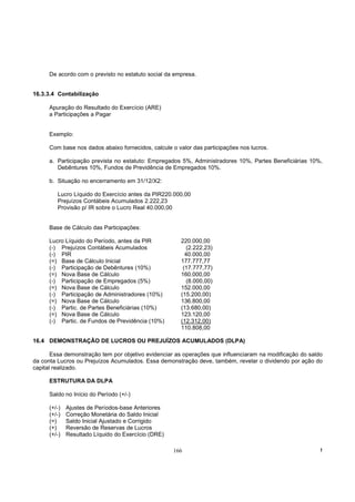De acordo com o previsto no estatuto social da empresa.


16.3.3.4 Contabilização

      Apuração do Resultado do Exercício (ARE)
      a Participações a Pagar


      Exemplo:

      Com base nos dados abaixo fornecidos, calcule o valor das participações nos lucros.

      a. Participação prevista no estatuto: Empregados 5%, Administradores 10%, Partes Beneficiárias 10%,
         Debêntures 10%, Fundos de Previdência de Empregados 10%.

      b. Situação no encerramento em 31/12/X2:

         Lucro Líquido do Exercício antes da PIR220.000,00
         Prejuízos Contábeis Acumulados 2.222,23
         Provisão p/ IR sobre o Lucro Real 40.000,00


      Base de Cálculo das Participações:

      Lucro Líquido do Período, antes da PIR           220.000,00
      (-) Prejuízos Contábeis Acumulados                 (2.222,23)
      (-) PIR                                            40.000,00
      (=) Base de Cálculo Inicial                      177.777,77
      (-) Participação de Debêntures (10%)              (17.777,77)
      (=) Nova Base de Cálculo                         160.000,00
      (-) Participação de Empregados (5%)                (8.000,00)
      (=) Nova Base de Cálculo                         152.000,00
      (-) Participação de Administradores (10%)        (15.200,00)
      (=) Nova Base de Cálculo                         136.800,00
      (-) Partic. de Partes Beneficiárias (10%)        (13.680,00)
      (=) Nova Base de Cálculo                         123.120,00
      (-) Partic. de Fundos de Previdência (10%)       (12.312,00)
                                                       110.808,00

16.4 DEMONSTRAÇÃO DE LUCROS OU PREJUÍZOS ACUMULADOS (DLPA)

       Essa demonstração tem por objetivo evidenciar as operações que influenciaram na modificação do saldo
da conta Lucros ou Prejuízos Acumulados. Essa demonstração deve, também, revelar o dividendo por ação do
capital realizado.

      ESTRUTURA DA DLPA

      Saldo no Início do Período (+/-)

      (+/-)   Ajustes de Períodos-base Anteriores
      (+/-)   Correção Monetária do Saldo Inicial
      (=)     Saldo Inicial Ajustado e Corrigido
      (+)     Reversão de Reservas de Lucros
      (+/-)   Resultado Líquido do Exercício (DRE)

                                                     166                                                  !
 
