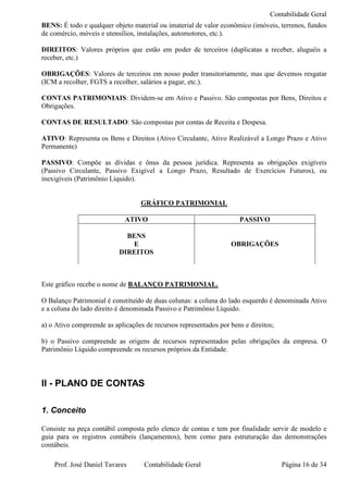 Contabilidade Geral
BENS: É todo e qualquer objeto material ou imaterial de valor econômico (imóveis, terrenos, fundos
de comércio, móveis e utensílios, instalações, automotores, etc.).

DIREITOS: Valores próprios que estão em poder de terceiros (duplicatas a receber, aluguéis a
receber, etc.)

OBRIGAÇÕES: Valores de terceiros em nosso poder transitoriamente, mas que devemos resgatar
(ICM a recolher, FGTS a recolher, salários a pagar, etc.).

CONTAS PATRIMONIAIS: Dividem-se em Ativo e Passivo. São compostas por Bens, Direitos e
Obrigações.

CONTAS DE RESULTADO: São compostas por contas de Receita e Despesa.

ATIVO: Representa os Bens e Direitos (Ativo Circulante, Ativo Realizável a Longo Prazo e Ativo
Permanente)

PASSIVO: Compõe as dívidas e ônus da pessoa jurídica. Representa as obrigações exigíveis
(Passivo Circulante, Passivo Exigível a Longo Prazo, Resultado de Exercícios Futuros), ou
inexigíveis (Patrimônio Líquido).


                                   GRÁFICO PATRIMONIAL

                             ATIVO                                   PASSIVO

                             BENS
                              E                                   OBRIGAÇÕES
                           DIREITOS



Este gráfico recebe o nome de BALANÇO PATRIMONIAL.

O Balanço Patrimonial é constituído de duas colunas: a coluna do lado esquerdo é denominada Ativo
e a coluna do lado direito é denominada Passivo e Patrimônio Líquido.

a) o Ativo compreende as aplicações de recursos representados por bens e direitos;

b) o Passivo compreende as origens de recursos representados pelas obrigações da empresa. O
Patrimônio Líquido compreende os recursos próprios da Entidade.



II - PLANO DE CONTAS

1. Conceito

Consiste na peça contábil composta pelo elenco de contas e tem por finalidade servir de modelo e
guia para os registros contábeis (lançamentos), bem como para estruturação das demonstrações
contábeis.

    Prof. José Daniel Tavares       Contabilidade Geral                              Página 16 de 34
 