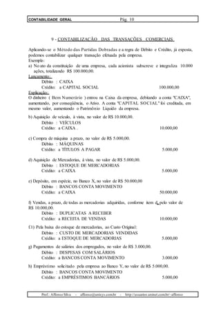CONTABILIDADE GERAL Pág. 10
9 - CONTABILIZAÇÃO DAS TRANSAÇÕES COMERCIAIS
Aplicando-se o Método das Partidas Dobradas e a regra de Débito e Crédito, já exposta,
podemos contabilizar qualquer transação efetuada pela empresa.
Exemplo:
a) No ato da constituição de uma empresa, cada acionista subscreve e integraliza 10.000
ações, totalizando R$ 100.000,00.
Lançamento:
Débito : CAIXA
Crédito: a CAPITAL SOCIAL 100.000,00
Explicação:
O dinheiro ( Bem Numerário ) entrou na Caixa da empresa, debitando a conta "CAIXA",
aumentando, por conseqüência, o Ativo. A conta "CAPITAL SOCIAL" foi creditada, em
mesmo valor, aumentando o Patrimônio Líquido da empresa.
b) Aquisição de veículo, à vista, no valor de R$ 10.000,00.
Débito : VEÍCULOS
Crédito: a CAIXA . 10.000,00
c) Compra de máquina a prazo, no valor de R$ 5.000,00.
Débito : MÁQUINAS
Crédito: a TÍTULOS A PAGAR 5.000,00
d) Aquisição de Mercadorias, à vista, no valor de R$ 5.000,00.
Débito : ESTOQUE DE MERCADORIAS
Crédito: a CAIXA 5.000,00
e) Depósito, em espécie, no Banco X, no valor de R$ 50.000,00
Débito : BANCOS CONTA MOVIMENTO
Crédito: a CAIXA 50.000,00
f) Vendas, a prazo, de todas as mercadorias adquiridas, conforme item d, pelo valor de
R$ 10.000,00.
Débito : DUPLICATAS A RECEBER
Crédito: a RECEITA DE VENDAS 10.000,00
f.1) Pela baixa do estoque de mercadorias, ao Custo Original:
Débito : CUSTO DE MERCADORIAS VENDIDAS
Crédito: a ESTOQUE DE MERCADORIAS 5.000,00
g) Pagamentos de salários dos empregados, no valor de R$ 3.000,00.
Débito : DESPESAS COM SALÁRIOS
Crédito: a BANCOS CONTA MOVIMENTO 3.000,00
h) Empréstimo solicitado pela empresa ao Banco Y, no valor de R$ 5.000,00.
Débito : BANCOS CONTA MOVIMENTO
Crédito: a EMPRÉSTIMOS BANCÁRIOS 5.000,00
Prof.: Affonso Silva - affonso@unisys.com.br - http://usuarios.uninet.com.br/~affonso
 