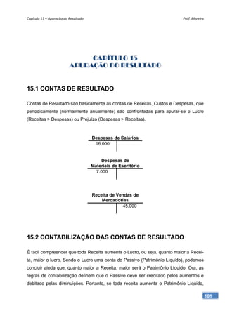 Capítulo 15 – Apuração do Resultado                                       Prof. Moreira 




                               CAPÍTULO 15
                          APURAÇÃO DO RESULTADO


15.1 CONTAS DE RESULTADO

Contas de Resultado são basicamente as contas de Receitas, Custos e Despesas, que
periodicamente (normalmente anualmente) são confrontadas para apurar-se o Lucro
(Receitas > Despesas) ou Prejuízo (Despesas > Receitas).



                                       Despesas de Salários
                                        16.000


                                           Despesas de
                                       Materiais de Escritório
                                         7.000




                                       Receita de Vendas de
                                           Mercadorias
                                                    45.000




15.2 CONTABILIZAÇÃO DAS CONTAS DE RESULTADO

É fácil compreender que toda Receita aumenta o Lucro, ou seja, quanto maior a Recei-
ta, maior o lucro. Sendo o Lucro uma conta do Passivo (Patrimônio Líquido), podemos
concluir ainda que, quanto maior a Receita, maior será o Patrimônio Líquido. Ora, as
regras de contabilização definem que o Passivo deve ser creditado pelos aumentos e
debitado pelas diminuições. Portanto, se toda receita aumenta o Patrimônio Líquido,

                                                                                       101
 
