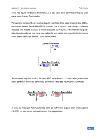 Capítulo 15 – Apuração do Resultado                                         Prof. Moreira 

conta não figura no Balanço Patrimonial, e o seu saldo deve ser transferido para uma
outra conta: Lucros Acumulados.


Para zerar a conta ARE, devo debitá-la pelo valor total. Com esse lançamento a débito,
encerra-se a conta Resultados (ARE), uma vez que já cumpriu sua missão: confrontar
despesa com receita e apurar o resultado (Lucro ou Prejuízo). Pelo método das parti-
das dobradas sabe-se que para todo débito há um crédito correspondente de mesmo
valor, assim credita-se a conta Lucros Acumulados.




Se houvesse prejuízo, o saldo da conta ARE seria devedor; portanto o lançamento se-
ria ao contrário: crédito da conta ARE e débito de Prejuízos Acumulados. Exemplo:




A conta de Prejuízos Acumulados faz parte do Patrimônio Líquido com sinal negativo
(18.600), ou seja, reduz os investimentos dos proprietários.




                                                                                         104
 