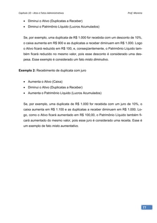 Capítulo 10 – Atos e Fatos Administrativos                                 Prof. Moreira 


    • Diminui o Ativo (Duplicatas a Receber)
    • Diminui o Patrimônio Líquido (Lucros Acumulados)


    Se, por exemplo, uma duplicata de R$ 1.000 for recebida com um desconto de 10%,
    o caixa aumenta em R$ 900 e as duplicatas a receber diminuem em R$ 1.000. Logo
    o Ativo ficará reduzido em R$ 100, e, conseqüentemente, o Patrimônio Líquido tam-
    bém ficará reduzido no mesmo valor, pois esse desconto é considerado uma des-
    pesa. Esse exemplo é considerado um fato misto diminutivo.


Exemplo 2: Recebimento de duplicata com juro


    • Aumenta o Ativo (Caixa)
    • Diminui o Ativo (Duplicatas a Receber)
    • Aumenta o Patrimônio Líquido (Lucros Acumulados)


    Se, por exemplo, uma duplicata de R$ 1.000 for recebida com um juro de 10%, o
    caixa aumenta em R$ 1.100 e as duplicatas a receber diminuem em R$ 1.000. Lo-
    go, como o Ativo ficará aumentado em R$ 100,00, o Patrimônio Líquido também fi-
    cará aumentado do mesmo valor, pois esse juro é considerado uma receita. Esse é
    um exemplo de fato misto aumentativo.




                                                                                        77
 