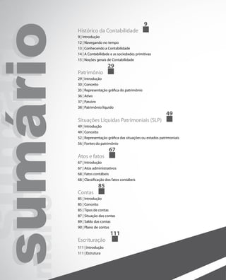 9

sumário
  sumári   Histórico da Contabilidade
           9 | Introdução
           12 | Navegando no tempo
           13 | Conhecendo a Contabilidade
           14 | A Contabilidade e as sociedades primitivas
           15 | Noções gerais de Contabilidade
                               29
           Patrimônio
           29 | Introdução
           30 | Conceito
           35 | Representação gráfica do patrimônio
           36 | Ativo
           37 | Passivo
           38 | Patrimônio líquido
                                                                  49
           Situações Líquidas Patrimoniais (SLP)
           49 | Introdução
           49 | Conceito
           52 | Representação gráfica das situações ou estados patrimoniais
           56 | Fontes do patrimônio
                                  67
           Atos e fatos
           67 | Introdução
           67 | Atos administrativos
           68 | Fatos contábeis
           68 | Classificação dos fatos contábeis
                          85
           Contas
mário




           85 | Introdução
           85 | Conceito
           85 | Tipos de contas
           87 | Situação das contas
           89 | Saldo das contas
           90 | Plano de contas
                                  111
           Escrituração
           111 | Introdução
           111 | Estrutura
 