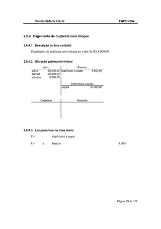 Contabilidade Geral                                            FACENSA



2.6.4 Pagamento de duplicata com cheque

2.6.4.1 Descrição do fato contábil

     Pagamento de duplicata com cheque no valor de R$ 8.000,00.


2.6.4.2 Situação patrimonial inicial
               Ativo                       Passivo
     caixa         25.000,00 duplicatas a pagar           8.000,00
     bancos        25.000,00
     estoque         8.000,00

                                          Patrimônio Líquido
                                capital                   50.000,00



            Despesas                          Receitas




2.6.4.3 Lançamentos no livro diário

     D=                duplicatas a pagar

     C=        a       bancos                                          8.000




                                                                      Página 39 de 106
 