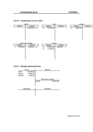 Contabilidade Geral                                                       FACENSA



2.6.4.4 Lançamentos no livro razão
               capital                                       caixa                               estoque
    débitos           créditos                      débitos          créditos            débitos         créditos
                    50.000,00 si             si       25.000,00                     si     8.000,00




       duplicatas a pagar                                   bancos
   débitos           créditos                       débitos          créditos
 1   8.000,00      8.000,00 si               si       25.000,00    8.000,00 1
                                             sf       17.000,00




2.6.4.5 Situação patrimonial final
                Ativo                             Passivo
     caixa          25.000,00
     bancos         17.000,00
     estoque          8.000,00

                                           Patrimônio Líquido
                                 capital                   50.000,00



              Despesas                            Receitas




                                                                                Página 40 de 106
 