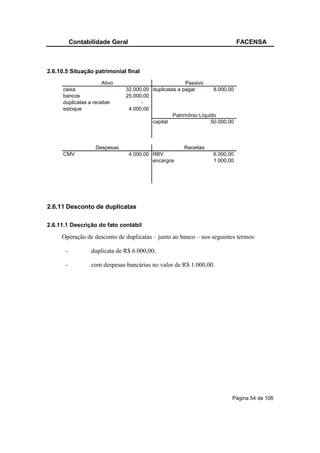 Contabilidade Geral                                                FACENSA



2.6.10.5 Situação patrimonial final
                       Ativo                           Passivo
      caixa                    32.000,00 duplicatas a pagar        8.000,00
      bancos                   25.000,00
      duplicatas a receber           -
      estoque                   4.000,00
                                                  Patrimônio Líquido
                                         capital                  50.000,00



                    Despesas                          Receitas
      CMV                        4.000,00 RBV                     6.000,00
                                          encargos                1.000,00




2.6.11 Desconto de duplicatas

2.6.11.1 Descrição do fato contábil

     Operação de desconto de duplicatas – junto ao banco – nos seguintes termos:

       -          duplicata de R$ 6.000,00;

       -          com despesas bancárias no valor de R$ 1.000,00.




                                                                          Página 54 de 106
 