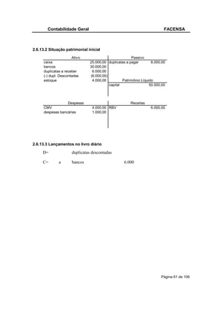 Contabilidade Geral                                                 FACENSA



2.6.13.2 Situação patrimonial inicial
                       Ativo                             Passivo
      caixa                      25.000,00 duplicatas a pagar        8.000,00
      bancos                     30.000,00
      duplicatas a receber        6.000,00
      (-) dupl. Descontadas      (6.000,00)
      estoque                     4.000,00          Patrimônio Líquido
                                            capital                 50.000,00



                   Despesas                             Receitas
      CMV                         4.000,00 RBV                      6.000,00
      despesas bancárias          1.000,00




2.6.13.3 Lançamentos no livro diário

     D=                duplicatas descontadas

     C=        a       bancos                        6.000




                                                                          Página 61 de 106
 