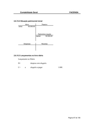 Contabilidade Geral                                     FACENSA



2.6.15.2 Situação patrimonial inicial
               Ativo                  Passivo
      caixa        50.000,00



                                 Patrimônio Líquido
                               capital     50.000,00



              Despesas                Receitas




2.6.15.3 Lançamentos no livro diário

     Lançamento no Diário

     D=              despesa com aluguéis

     C=        a     aluguéis a pagar                  1.000




                                                               Página 67 de 106
 