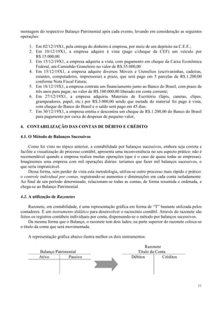 montagem do respectivo Balanço Patrimonial após cada evento, levando em consideração as seguintes
operações:

     1. Em 02/12/19X1, pela entrega do dinheiro à empresa, por meio de um depósito na C.E.F.;
     2. Em 10/12/19X1, a empresa adquire à vista (pago c/cheque da CEF) um veículo por
        R$.15.000,00
     3. Em 15/12/19X1, a empresa adquiriu a vista, com pagamento em cheque da Caixa Econômica
        Federal, um Caminhão Graneleiro no valor de R$.55.000,00
     4. Em 15/12/19X1, a empresa adquire diversos Móveis e Utensílios (escrivaninhas, cadeiras,
        estantes, computadores, impressoras) a prazo, que será pago em 5 parcelas de R$.1.200,00
        conforme Nota Fiscal Fatura;
     5. Em 18/12/19X1, a empresa contrata um financiamento junto ao Banco do Brasil, com prazo de
        três anos para pagar, no valor de R$.100.000,00 liberado em conta corrente;
     6. Em 27/12/19X1, a empresa adquiriu Materiais de Escritório (lápis, canetas, clipes,
        grampeadores, papel, etc.) por R$.3.000,00 sendo que metade do material foi pago à vista,
        com cheque do Banco do Brasil e o saldo será pago em 45 dias.
     7. Em 30/12/19X1, a empresa emitiu e descontou um cheque de R$.1.200,00 do Banco do Brasil
        para pagamento por caixa de despesas de pequeno valor;

4. CONTABILIZAÇÃO DAS CONTAS DE DÉBITO E CRÉDITO

4.1. O Método de Balanços Sucessivos

     Como foi visto no tópico anterior, a contabilidade por balanços sucessivos, embora seja correta e
facilite a visualização do processo contábil, apresenta uma inconveniência no seu aspecto prático: não é
recomendável quando a empresa realiza muitas operações (que é o caso de quase todas as empresas).
Imaginemos uma empresa com mil operações diárias: teríamos que fazer mil balanços sucessivos, o
que seria impraticável.
     Dessa forma, sem perder de vista esta metodologia, utiliza-se outro processo mais rápido e prático:
o controle individual por contas, registrando-se aumentos e diminuições em cada conta isoladamente.
Ao final de um período determinado, relacionam-se todas as contas, de forma resumida e ordenada, e
chega-se ao Balanço Patrimonial.

4.2. A utilização de Razonetes

     Razonete, em contabilidade, é uma representação gráfica em forma de “T” bastante utilizada pelos
contadores. É um instrumento didático para desenvolver o raciocínio contábil. Através do razonete são
feitos os registros contábeis individuais por conta, dispensando-se o método por balanços sucessivos.
     Da mesma forma que o Balanço, o razonete tem dois lados; na parte superior do razonete coloca-se
o título da conta que será movimentada.

    A representação gráfica abaixo ilustra melhor os dois instrumentos:

                                                                      Razonete
          Balanço Patrimonial                                     Título da Conta
          Ativo          Passivo                               Débitos         Créditos




                                                                                                     11
 