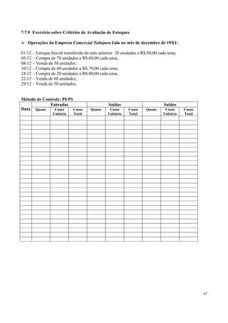 7.7.9 Exercício sobre Critérios de Avaliação de Estoques

   Operações da Empresa Comercial Tabajara Ltda no mês de dezembro de 19X1:

01/12 – Estoque Inicial transferido do mês anterior: 20 unidades a R$.50,00 cada uma;
05/12 – Compra de 70 unidades a R$.60,00 cada uma;
08/12 – Venda de 30 unidades;
10/12 – Compra de 40 unidades a R$.70,00 cada uma;
18/12 – Compra de 20 unidades a R$.80,00 cada uma;
22/12 – Venda de 60 unidades;
29/12 – Venda de 50 unidades;


Método de Controle: PEPS
             Entradas                          Saídas                         Saldos
Data Quant.    Custo     Custo        Quant.    Custo     Custo     Quant.    Custo     Custo
                 Unitário   Total              Unitário   Total              Unitário   Total




                                                                                                47
 