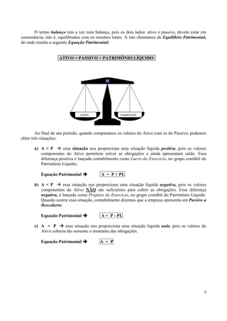 O termo balanço tem a ver com balança, pois os dois lados: ativo e passivo, devem estar em
consonância, isto é, equilibrados com os mesmos totais. A isto chamamos de Equilíbrio Patrimonial,
de onde resulta a seguinte Equação Patrimonial:


                    ATIVO = PASSIVO + PATRIMÔNIO LÍQUIDO




                               ATIVO                PASSIVO+PL




        Ao final de um período, quando comparamos os valores do Ativo com os do Passivo, podemos
obter três situações:

       a) A > P       essa situação nos proporciona uma situação líquida positiva, pois os valores
          componentes do Ativo permitem solver as obrigações e ainda apresentam saldo. Essa
          diferença positiva é lançada contabilmente como Lucro do Exercício, no grupo contábil do
          Patrimônio Líquido;

          Equação Patrimonial             A = P + PL

       b) A < P       essa situação nos proporciona uma situação líquida negativa, pois os valores
          componentes do Ativo NÃO são suficientes para cobrir as obrigações. Essa diferença
          negativa, é lançada como Prejuízo do Exercício, no grupo contábil do Patrimônio Líquido.
          Quando ocorre essa situação, contabilmente dizemos que a empresa apresenta um Passivo a
          Descoberto.

          Equação Patrimonial             A = P - PL

       c) A = P       essa situação nos proporciona uma situação líquida nula, pois os valores do
          Ativo cobrem tão somente o montante das obrigações.

          Equação Patrimonial            A = P




                                                                                                 8
 