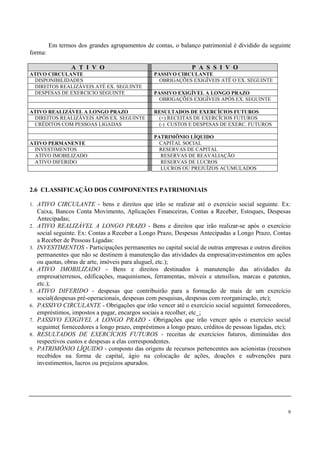 Em termos dos grandes agrupamentos de contas, o balanço patrimonial é dividido da seguinte
forma:

                  A T I V O                                      P A S S I V O
ATIVO CIRCULANTE                                  PASSIVO CIRCULANTE
 DISPONIBILIDADES                                   OBRIGAÇÕES EXIGÍVEIS ATÉ O EX. SEGUINTE
 DIREITOS REALIZÁVEIS ATÉ EX. SEGUINTE
 DESPESAS DE EXERCICIO SEGUINTE                   PASSIVO EXIGÍVEL A LONGO PRAZO
                                                    OBRIGAÇÕES EXIGÍVEIS APÓS EX. SEGUINTE

ATIVO REALIZÁVEL A LONGO PRAZO                    RESULTADOS DE EXERCÍCIOS FUTUROS
 DIREITOS REALIZÁVEIS APÓS EX. SEGUINTE            (+) RECEITAS DE EXERCÍCIOS FUTUROS
 CRÉDITOS COM PESSOAS LIGADAS                      (-) CUSTOS E DESPESAS DE EXERC. FUTUROS

                                                  PATRIMÔNIO LÍQUIDO
ATIVO PERMANENTE                                    CAPITAL SOCIAL
 INVESTIMENTOS                                      RESERVAS DE CAPITAL
 ATIVO IMOBILIZADO                                  RESERVAS DE REAVALIAÇÃO
 ATIVO DIFERIDO                                     RESERVAS DE LUCROS
                                                    LUCROS OU PREJUÍZOS ACUMULADOS



2.6 CLASSIFICAÇÃO DOS COMPONENTES PATRIMONIAIS

1.   ATIVO CIRCULANTE - bens e direitos que irão se realizar até o exercício social seguinte. Ex:
     Caixa, Bancos Conta Movimento, Aplicações Financeiras, Contas a Receber, Estoques, Despesas
     Antecipadas;
2.   ATIVO REALIZÁVEL A LONGO PRAZO - Bens e direitos que irão realizar-se após o exercício
     social seguinte. Ex: Contas a Receber a Longo Prazo, Despesas Antecipadas a Longo Prazo, Contas
     a Receber de Pessoas Ligadas:
3.   INVESTIMENTOS - Participações permanentes no capital social de outras empresas e outros direitos
     permanentes que não se destinem à manutenção das atividades da empresa(investimentos em ações
     ou quotas, obras de arte, imóveis para aluguel, etc.);
4.   ATIVO IMOBILIZADO - Bens e direitos destinados à manutenção das atividades da
     empresa(terrenos, edificações, maquinismos, ferramentas, móveis e utensílios, marcas e patentes,
     etc.);
5.   ATIVO DIFERIDO - despesas que contribuirão para a formação de mais de um exercício
     social(despesas pré-operacionais, despesas com pesquisas, despesas com reorganização, etc);
6.   PASSIVO CIRCULANTE - Obrigações que irão vencer até o exercício social seguinte( fornecedores,
     empréstimos, impostos a pagar, encargos sociais a recolher, etc_;
7.   PASSIVO EXIGIVEL A LONGO PRAZO - Obrigações que irão vencer após o exercício social
     seguinte( fornecedores a longo prazo, empréstimos a longo prazo, créditos de pessoas ligadas, etc);
8.   RESULTADOS DE EXERCÍCIOS FUTUROS - receitas de exercícios futuros, diminuídas dos
     respectivos custos e despesas a elas correspondentes.
9.   PATRIMÔNIO LÍQUIDO - composto das origens de recursos pertencentes aos acionistas (recursos
     recebidos na forma de capital, ágio na colocação de ações, doações e subvenções para
     investimentos, lucros ou prejuízos apurados.




                                                                                                      9
 