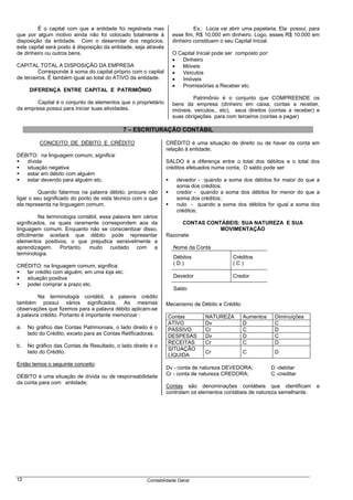 É o capital com que a entidade foi registrada mas                  Ex.: Lúcia vai abrir uma papelaria. Ela possui, para
que por algum motivo ainda não foi colocado totalmente à           esse fim, R$ 10.000 em dinheiro. Logo, esses R$ 10.000 em
disposição da entidade. Com o desenrolar dos negócios,             dinheiro constituem o seu Capital Inicial.
este capital será posto à disposição da entidade, seja através
de dinheiro ou outros bens.                                        O Capital Inicial pode ser composto por:
                                                                   •  Dinheiro
CAPITAL TOTAL A DISPOSIÇÃO DA EMPRESA                              •  Móveis
         Corresponde à soma do capital próprio com o capital       •  Veículos
de terceiros. É também igual ao total do ATIVO da entidade.        •  Imóveis
                                                                   •  Promissórias a Receber etc.
     DIFERENÇA ENTRE CAPITAL E PATRIMÔNIO
                                                                            Patrimônio é o conjunto que COMPREENDE os
       Capital é o conjunto de elementos que o proprietário        bens da empresa (dinheiro em caixa, contas a receber,
da empresa possui para iniciar suas atividades.                    imóveis, veículos., etc), seus direitos (contas a receber) e
                                                                   suas obrigações para com terceiros (contas a pagar)

                                            7 – ESCRITURAÇÃO CONTÁBIL

          CONCEITO DE DÉBITO E CRÉDITO                           CRÉDITO é uma situação de direito ou de haver da conta em
                                                                 relação à entidade;
DÉBITO: na linguagem comum, significa:
   dívida                                                        SALDO é a diferença entre o total dos débitos e o total dos
   situação negativa                                             créditos efetuados numa conta; O saldo pode ser:
   estar em débito com alguém
   estar devendo para alguém etc.                                    devedor - quando a soma dos débitos for maior do que a
                                                                     soma dos créditos;
          Quando falarmos na palavra débito, procure não             credor - quando a soma dos débitos for menor do que a
ligar o seu significado do ponto de vista técnico com o que          soma dos créditos;
ela representa na linguagem comum.                                   nulo - quando a soma dos débitos for igual a soma dos
                                                                     créditos;
          Na terminologia contábil, essa palavra tem vários
significados, os quais raramente correspondem aos da                  CONTAS CONTÁBEIS: SUA NATUREZA E SUA
linguagem comum. Enquanto não se conscientizar disso,                            MOVIMENTAÇÃO
dificilmente aceitará que débito pode representar                Razonete
elementos positivos, o que prejudica sensivelmente a
aprendizagem. Portanto, muito cuidado com a                        Nome da Conta
terminologia.
                                                                   Débitos                  Créditos
CRÉDITO: na linguagem comum, significa:                            (D)                      (C)
   ter crédito com alguém, em uma loja etc.
   situação positiva                                               Devedor                  Credor
   poder comprar a prazo etc.
                                                                   Saldo
         Na terminologia contábil, a palavra crédito
também possui vários significados. As mesmas                     Mecanismo de Débito e Crédito
observações que fizemos para a palavra débito aplicam-se
à palavra crédito. Portanto é importante memorizar :             Contas         NATUREZA         Aumentos      Diminuições
                                                                 ATIVO          Dv               D             C
a.   No gráfico das Contas Patrimoniais, o lado direito é o      PASSIVO        Cr               C             D
     lado do Crédito, exceto para as Contas Retificadoras.       DESPESAS       Dv               D             C
                                                                 RECEITAS       Cr               C             D
b.   No gráfico das Contas de Resultado, o lado direito é o
                                                                 SITUAÇÃO
     lado do Crédito.                                                           Cr               C             D
                                                                 LÍQUIDA
Então temos o seguinte conceito:
                                                                 Dv - conta de natureza DEVEDORA;             D -debitar
DÉBITO é uma situação de dívida ou de responsabilidade           Cr - conta de natureza CREDORA;              C -creditar
da conta para com entidade;
                                                                 Contas são denominações contábeis que identificam            e
                                                                 controlam os elementos contábeis de natureza semelhante.




12                                                    Contabilidade Geral
 