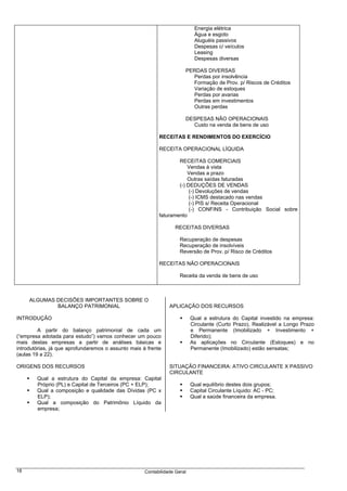 Energia elétrica
                                                                            Água e esgoto
                                                                            Aluguéis passivos
                                                                            Despesas c/ veículos
                                                                            Leasing
                                                                            Despesas diversas

                                                                       PERDAS DIVERSAS
                                                                         Perdas por insolvência
                                                                         Formação de Prov. p/ Riscos de Créditos
                                                                         Variação de estoques
                                                                         Perdas por avarias
                                                                         Perdas em investimentos
                                                                         Outras perdas

                                                                       DESPESAS NÃO OPERACIONAIS
                                                                         Custo na venda de bens de uso

                                                           RECEITAS E RENDIMENTOS DO EXERCÍCIO

                                                           RECEITA OPERACIONAL LÍQUIDA

                                                                   RECEITAS COMERCIAIS
                                                                       Vendas à vista
                                                                       Vendas a prazo
                                                                       Outras saídas faturadas
                                                                   (-) DEDUÇÕES DE VENDAS
                                                                        (-) Devoluções de vendas
                                                                        (-) ICMS destacado nas vendas
                                                                        (-) PIS s/ Receita Operacional
                                                                        (-) CONFINS - Contribuição Social sobre
                                                           faturamento

                                                                   RECEITAS DIVERSAS

                                                                     Recuperação de despesas
                                                                     Recuperação de insolvíveis
                                                                     Reversão de Prov. p/ Risco de Créditos

                                                           RECEITAS NÃO OPERACIONAIS

                                                                     Receita da venda de bens de uso



     ALGUMAS DECISÕES IMPORTANTES SOBRE O
             BALANÇO PATRIMONIAL                                APLICAÇÃO DOS RECURSOS

INTRODUÇÃO                                                                 Qual a estrutura do Capital investido na empresa:
                                                                           Circulante (Curto Prazo), Realizável a Longo Prazo
         A partir do balanço patrimonial de cada um                        e Permanente (Imobilizado + Investimento +
(“empresa adotada para estudo”) vamos conhecer um pouco                    Diferido);
mais destas empresas a partir de análises básicas e                        As aplicações no Circulante (Estoques) e no
introdutórias, já que aprofundaremos o assunto mais à frente               Permanente (Imobilizado) estão sensatas;
(aulas 19 a 22).

ORIGENS DOS RECURSOS                                            SITUAÇÃO FINANCEIRA: ATIVO CIRCULANTE X PASSIVO
                                                                CIRCULANTE
        Qual a estrutura do Capital da empresa: Capital
        Próprio (PL) e Capital de Terceiros (PC + ELP);                    Qual equilíbrio destes dois grupos;
        Qual a composição e qualidade das Dívidas (PC x                    Capital Circulante Líquido: AC - PC;
        ELP);                                                              Qual a saúde financeira da empresa.
        Qual a composição do Patrimônio Líquido da
        empresa;




18                                                   Contabilidade Geral
 