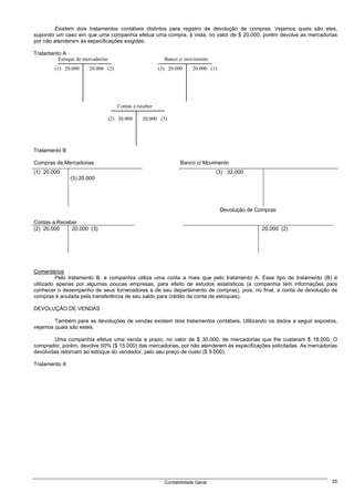 Existem dois tratamentos contábeis distintos para registro de devolução de compras. Vejamos quais são eles,
supondo um caso em que uma companhia efetua uma compra, à vista, no valor de $ 20.000, porém devolve as mercadorias
por não atenderem às especificações exigidas.

Tratamento A
         Estoque de mercadorias                           Banco c/ movimento
        (1) 20.000     20.000 (2)                       (3) 20.000    20.000 (1)




                                     Contas a receber

                                  (2) 20.000    20.000 (3)




Tratamento B

Compras de Mercadorias                                           Banco c/ Movimento
(1) 20.000                                                                      (3) 32.000
               (3) 20.000




                                                                                   Devolução de Compras

Contas a Receber
(2) 20.000    20.000 (3)                                                                          20.000 (2)




Comentários
          Pelo tratamento B, a companhia utiliza uma conta a mais que pelo tratamento A. Esse tipo de tratamento (B) é
utilizado apenas por algumas poucas empresas, para efeito de estudos estatísticos (a companhia tem informações para
conhecer o desempenho de seus fornecedores e de seu departamento de compras), pois, no final, a conta de devolução de
compras é anulada pela transferência de seu saldo para crédito da conta de estoques).

DEVOLUÇÃO DE VENDAS

        Também para as devoluções de vendas existem dois tratamentos contábeis. Utilizando os dados a seguir expostos,
vejamos quais são estes.

        Uma companhia efetua uma venda a prazo, no valor de $ 30.000, de mercadorias que lhe custaram $ 18.000. O
comprador, porém, devolve 50% ($ 15.000) das mercadorias, por não atenderem às especificações solicitadas. As mercadorias
devolvidas retornam ao estoque do vendedor, pelo seu preço de custo ($ 9.000).

Tratamento A




                                                          Contabilidade Geral                                         35
 