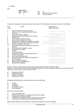 X = 600.000

7) A
                        Mercadorias
                       450      325                       235       - Ef
                       125                                125       - saldo devedor mercadorias
                                                          110       - lucro nas vendas




1) Indicar em qual grupo do balanço patrimonial, encerrado em 31 de Dezembro as contas abaixo devem ser classificadas:

Nº de                     Contas                                                       Classificação no
ordem                                                                                  balanço patrimonial

1         Obras em andamento (para uso próprio)                                        ...................................................
2         Ações de outras companhias (não há intenção
          de venda)                                                                     ....................................................
3         Ações de companhia coligadas                                                  ....................................................
4         Aplicações financeiras (vencimento em 250 dias)           ....................................................
5         Capital social                                                                ....................................................
6         Títulos a pagar (antes de um ano)                                             ....................................................
7         Outras contas a receber (em 30 dias)                                          ....................................................
8         Adiantamento concedidos para despesas de viagem            ....................................................
9         Empréstimos compulsórios (vencimento em 5 anos)            ....................................................
10        Produtos estocados para venda                                                 ....................................................
11        Banco conta de depósito vinculado (vencimento em
          400 dias)                                                                     ....................................................
12        Gratificações de empregados, a pagar                                          ....................................................
13        Encargos sociais a pagar                                                      ....................................................
14        Edifícios                                                                     ....................................................
15        Lucros acumulados                                                             ....................................................
16        Empréstimos bancários (a pagar após 365 dias)             ....................................................
17        Prejuízos acumulados                                                          ....................................................
18        Juros pagos antecipadamente                                                   ....................................................
19        Marcas e patentes (não usadas pela empresa nas
          suas operações)                                                              ....................................................
20        Banco conta de movimento                                                     ....................................................
21        Seguros pagos antecipadamente                                                ....................................................
22        Despesas de implantação                                                      ....................................................


2) (TTN) - Ao final do mês de abril, algumas contas da escrituração da Empresa ostentavam saldos:
Salários: $ 11.500; Salários a Pagar: $ 12.000; Despesa de Seguros: $ 16.000 e Despesas de Seguros a Vencer: $ 5.000. Com
esses dados, pode-se afirmar que a Empresa Ária tinha:

a)        despesas de $ 44.500
b)        dívidas de $ 39.500
c)        despesas de $ 39.500
d)        despesas de $ 27.500


3) Despesas pré-operacionais e prêmios de seguros a vencer são contas:

a)        do ativo
b)        do passivo
c)        de resultado
d)        do Patrimônio Líquido
e)        de compensação

4) A conta Lucros Acumulados:

a)        tem sempre saldo credor
b)        pode ter saldo devedor, se o resultado do exercício for negativo
c)        é retificadora do Patrimônio Líquido
d)        é debitada nas reversões de reservas anteriormente constituídas
e)        é creditada nas transferência para constituição de reservas.

5) Num balanço patrimonial a conta Ações em Tesouraria é classificada no grupo ou subgrupo:

                                                       Contabilidade Geral                                                                     55
 
