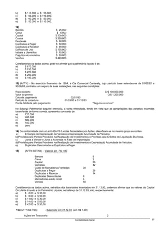 b)      $ 110.000   e   $ 50.000;
c)      $ 60.000    e   $ 110.000;
d)      $ 60.000    e   $ 50.000;
e)      $ 50.000    e   $ 110.000.

12)
Bancos                                $ 25.000
Caixa                                  $ 5.000
Capital                              $ 200.000
Custos                               $ 320.000
Despesas                              $ 60.000
Duplicatas a Pagar                    $ 50.000
Duplicatas a Receber                  $ 90.000
Edifícios de Uso                     $ 135.000
Móveis e Utensílios                  $ 15.000
Prejuízos Acumulados                 $ 20.000
Vendas                               $ 420.000

Considerando os dados acima, pode-se afirmar que o patrimônio líquido é de:
a)      $ 670.000
b)      $ 250.000
c)      $ 220.000
d)      $ 200.000
e)      $ 180.000

13) (AFTN) - No exercício financeiro de 1984, a Cia Comercial Cantarely, cujo período base estendeu-se de 01/07/82 a
30/06/83, contratou um seguro de suas instalações, nas seguintes condições:

Risco coberto                                                                   Cr$ 100.000.000
Valor do premio                                                                   Cr$ 1.200.000
Data de pagamento                                02/01/83
Período de cobertura                        01/03/83 a 31/12/83
Conta debitada pelo pagamento:                                        "Seguros a vencer"

No Balanço Patrimonial daquele exercício, a conta retrocitada, tendo em vista que as apropriações das parcelas incorridas
foram feitas de forma correta, apresentou um saldo de:
a)       720.000
b)       480.000
c)       600.000
d)       400.000
e)       zero

14) De conformidade com a Lei 6.404/76 (Lei das Sociedades por Ações) classificam-se no mesmo grupo as contas:
 a)      Encargos de Depreciação de Veículos e Depreciação Acumulada de Veículos
b) Provisão para Perdas Prováveis na Realização de Investimentos e Provisão para Créditos de Liquidação Duvidosa.
c)       Juros a Vencer e Juros a Acionista na Fase de Implantação
d) Provisão para Perdas Prováveis na Realização de Investimentos e Depreciação Acumulada de Veículos.
e)       Duplicatas Descontadas e Duplicatas a Pagar.

15)     (AFTN SET/94) - Valores em R$ 1,00

                 Bancos                                               9
                 Caixa                                                3
                 Capital                                              30
                 Compras                                              42
                 Custo de Mercadorias Vendidas              30
                 Duplicatas a Pagar                                   28
                 Duplicatas a Receber                                 14
                 Duplicatas Descontadas                     6
                 Mercadorias-saldo inicial                  4
                 Vendas                                     50

Considerando os dados acima, extraídos dos balancetes levantados em 31.12.93, podemos afirmar que os valores do Capital
Circulante Líquido e do Patrimônio Líquido, no balanço de 31.12.93, são, respectivamente:
a)       $ 8,00 e $ 30,00
b)       $ 8,00 e $ 50,00
c)       $ 14,00 e $ 30,00
d)       $ 14,00 e $ 50,00
e)       $ 42,00 e $ 30,00

16) (AFTN SET/94)           - Balancete em 31.12.93 (em R$ 1,00)

       Ações em Tesouraria                                                        2
                                                     Contabilidade Geral                                              57
 