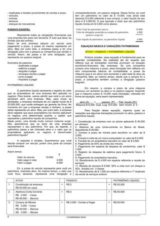 - duplicatas a receber provenientes de vendas a prazo           conseqüentemente, um passivo exigível. Dessa forma, se você
- veículos                                                      tem um patrimônio no valor de $ 10.000, mas ainda está
- imóveis                                                       devendo $ 6.000 referente à sua compra, o valor líquido de seu
- terrenos                                                      ativo é $ 4.000,00. O que equivale a dizer que seu patrimônio
- estoque de mercadorias                                        líquido monta em $ 4.000 como abaixo:

PASSIVO EXIGÍVEL                                                 Valor Total do patrimônio (ativo)                     10.000
                                                                 Valor da obrigação assumida na compra do patrimônio    6.000
         Representa todas as obrigações financeiras que                    (passivo exigível)
uma empresa tem para com terceiros. É tudo que deve; as
                                                                 Valor líquido do patrimônio, ou patrimônio líquido    4.000
dívidas que ela contraiu.
Assim se uma empresa adquire um veículo para
pagamento a prazo, a posse do mesmo representa um                     EQUAÇÃO BÁSICA E VARIAÇÕES PATRIMONIAIS
ativo. Mas por outro lado, a empresa passa a ter uma
obrigação para com a pessoa ou companhia que vendeu o                     ATIVO = PASSIVO + PATRIMÔNIO LÍQUIDO
veículo. Assim, ela passa a ter uma obrigação, que
representa um passivo exigível.                                           Embora simples, essa equação é fundamental para se
                                                                aprender contabilidade. Na realidade ela diz respeito aos
Exemplos de passivos:                                           reflexos que as transações ocorridas provocam na situação
       - duplicatas a pagar                                     econômico-financeira das empresas. Se uma companhia
       - salários a pagar                                       compra uma máquina a prazo, essa transação tem reflexos em
       - aluguéis a pagar                                       dois componentes básicos da contabilidade: a posse da
       - encargos sociais a pagar                               máquina (que é um ativo) vem aumentar o valor total do ativo da
       - juros a pagar                                          companhia. Mas, ao mesmo tempo, desde que a compra foi a
       - impostos a pagar                                       prazo, a companhia também contraiu a obrigação (passivo
                                                                exigível).
PATRIMÔNIO LÍQUIDO
                                                                        Em resumo: a compra a prazo de uma máquina
         O patrimônio líquido representa o registro do valor    provocou um aumento no ativo e no passivo exigível. Supondo
que os proprietários de uma empresa têm aplicado no             que a máquina custou $ 10.000, essa transação, colocada em
negócio. Para ilustrar, vamos admitir que você e um sócio       forma de equação, seria assim representada:
decidiram abrir uma empresa. Mas, para iniciar as
atividades, a empresa necessita de um capital inicial de $          ativo (A)   =     passivo (P) + Patr. líquido (PL)
20.000.000, que vocês entregam ao gerente da firma. No           Máquina $10.000 Dupl. a pg $10.000 Sem movim. $ 0
momento em que a empresa recebe o dinheiro, a posse
deste representa um ativo. Mas, por outro lado, a empresa               Para fixação dessa equação, vejamos quais as
deve registrar que seus proprietários (os sócios) aplicaram     variações que algumas transações provocam no ativo, passivo e
no negócio uma determinada quantia, o capital, que              patrimônio líquido.
representa o patrimônio líquido da companhia.
Neste ponto, uma dúvida muito comum costuma surgir.             1. Constituição da empresa com os sócios aplicando $ 50.000
Nós aprendemos que os bens de uma empresa                       em dinheiro.
representam o seu patrimônio. Por que, de repente, o            2. Abertura de uma conta-corrente no Banco do Brasil,
patrimônio passa a ser chamado ativo e o valor que os           depositando $ 48.000.
proprietários aplicaram no negócio é denominado                 3. Compra a prazo de móveis para escritório no valor de $
patrimônio líquido?                                             3.000.
                                                                4. Compra à vista de um micro-computador no valor de $ 4.000.
         A resposta é simples. Suponhamos que você              5. Tomada de um empréstimo bancário no valor de $ 5.000.
decida comprar um veículo; porém uma parte da compra            6. Pagamento de 50% da dívida dos móveis.
será financiada.                                                7. Pagamento em espécie de despesa de condomínio, valor $
                                                                1.000.
Assim temos:                                                    8. Registro da despesa de salários para pagamento futuro, $
                                                $               2.000.
        Valor do veículo            10.000                      9. Pagamento do empréstimo bancário.
        Valor pago à vista                    4.000             10. Recebimento de $ 4.000 em espécie referente a receita de
        Valor a pagar                         6.000             serviços.
                                                                11. Receita de serviços $ 6.000. 50% a vista com um cheque e
        Ex: a posse do veículo representa para você um          50% dividido em 3 meses
patrimônio, chamado ativo. Ao mesmo tempo, o valor que          12. Recebimento de $ 1.000 em espécie referente a 1º duplicata
você ficou devendo, representa uma obrigação e                  da venda de serviços anterior

       ATIVO                                            PASSIVO                                        PATRIMÔNIO LÍQUIDO
1      Constituição da empresa:                     =   R$ 0                                      +    R$ 50.000
       R$ 50.000 em caixa
2      Abertura Conta Corrente                      =   R$ 0                                      +    R$ 50.000
       R$ 2.000 - Caixa
       R$ 48.000 - Bancos
3      Compra de Móveis                             =   R$ 3.000 - Contas a Pagar                 +    R$ 50.000
       R$ 2.000 - Caixa
       R$ 48.000 - Bancos
       R$ 3.000 - Móveis
6                                                       Contabilidade Geral
 