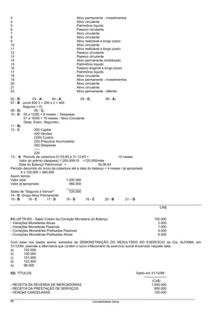 3                                           Ativo permanente - investimentos
4                                           Ativo circulante
5                                           Patrimônio líquido
6                                           Passivo circulante
7                                           Ativo circulante
8                                           Ativo circulante
9                                           Ativo realizável a longo prazo
10                                          Ativo circulante
11                                          Ativo realizável a longo prazo
12                                          Passivo circulante
13                                          Passivo circulante
14                                          Ativo permanente imobilizado
15                                          Patrimônio líquido
16                                          Passivo exigível a longo prazo
17                                          Patrimônio líquido
18                                          Ativo circulante
19                                          Ativo permanente - investimentos
20                                          Ativo circulante
21                                          Ativo circulante
22                                          Ativo permanente - diferido

02 - D;         03 - A;      04 - A;           05 - E;          06 - A;
07 - B Juros 600 3 = 200 x 2 = 400
         Seguros = 0)
08 - D;          09 - C;
10 - D 05 a 12/92 = 8 meses - Despesas
          01 a 10/93 = 10 meses - Ativo Circulante
          Desp. Exerc. Seguinte);
11 - B;
12 - C           200 Capital
                 420 Vendas
                 (320) Custos
                 (20) Prejuízos Acumulados
                 (60) Despesas
                 -----
                 220
13 - A Período de cobertura 01.03.83 a 31.12.83 =                       10 meses
      Valor do prêmio (despesa) 1.200.000/10 =120.000/mês
      Data do Balanço Patrimonial =                        30.06.83
Período decorrido do início da cobertura até a data do balanço = 4 meses / já apropriado
        4 x 120.000 = 480.000
Assim temos:
Valor total                           1.200.000
Valor já apropriado                     480.000
                                      ________
Saldo de "Seguros a Vencer"             720.000
14 - D Grupo Ativo Permanente
15.- B       16 - C       17 - D      18 - D       19 - C      20 - B        21 – D

                                                                                                      CR$


01) (AFTN 85) - Saldo Credor da Correção Monetária do Balanço                                    100.000
- Variações Monetárias Ativas                                                                      2.000
- Variações Monetárias Passivas                                                                    1.000
- Correções Monetárias Prefixadas Passivas                                                         4.000
- Correções Monetárias Prefixadas Ativas                                                           6.500

Com base nos dados acima, extraídos da DEMONSTRAÇÃO DO RESULTADO DO EXERCÍCIO da Cia. ALFAMA, em
31/12/84, assinale a alternativa que contém o lucro inflacionário do exercício social encerrado naquela data.
a)      102.500
b)      100.000
c)      101.000
d)      103.500
e)      96.500

02) TÍTULOS                                                                        Saldo em 31/12/88
                                                                                        --------------------
                                                                                               (Cz$)
- RECEITA DA REVENDA DE MERCADORIAS                                                            1.000.000
- RECEITA DA PRESTAÇÃO DE SERVIÇOS                                                               600.000
- VENDAS CANCELADAS                                                                              100.000

60                                                    Contabilidade Geral
 